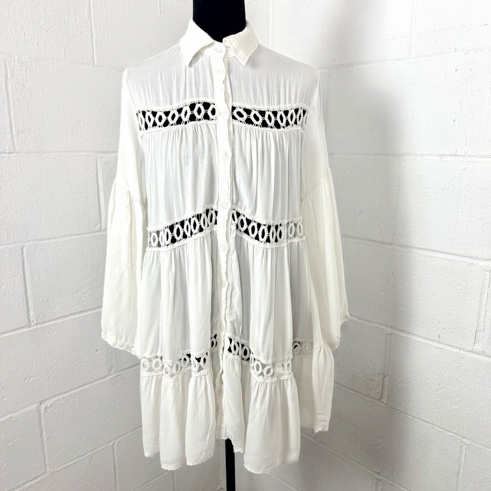Women's BoHo Dress Size L Button Up Tiered Crochet Flare‎ Sleeve RenFaire Hippie